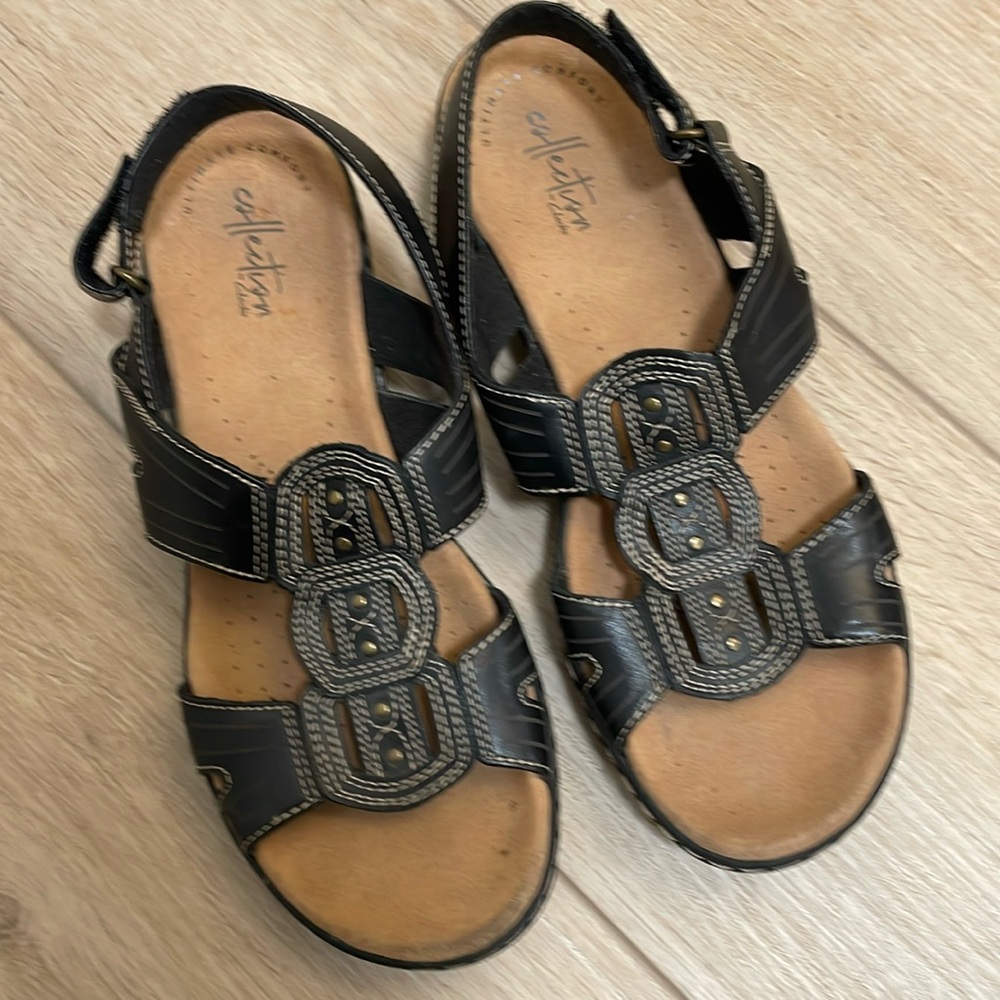 Clarks Collection Women’s Leisa Black Leather Slingback Sandals Sz 8.5 39.5